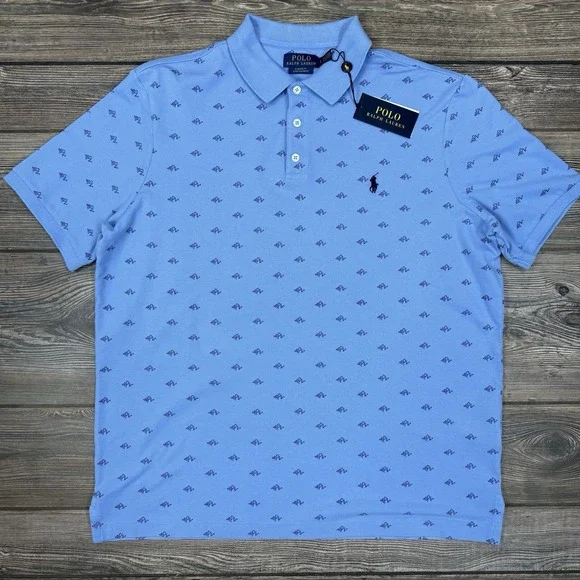 Polo Ralph Lauren Men's Classic Fit Stretch Monogram Polo‎ Shirt Blue LARGE NEW